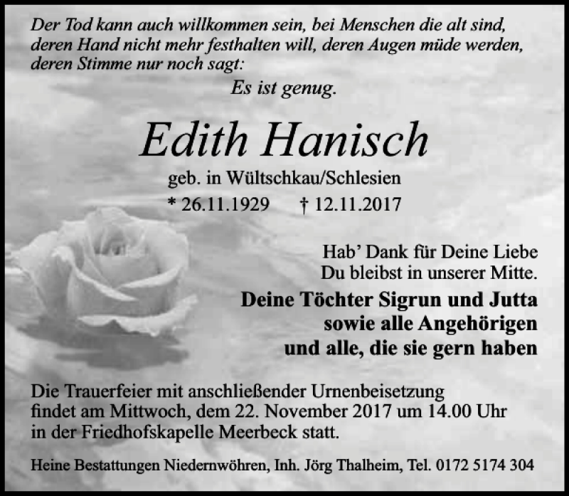  Traueranzeige für Edith Hanisch vom 18.11.2017 aus Schaumburger Nachrichten