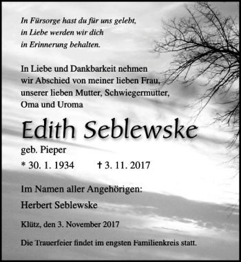 Traueranzeige von Edith Seblewske von Ostsee-Zeitung