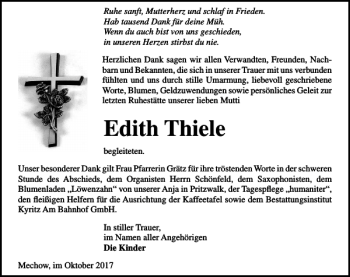 Traueranzeige von Edith Thiele von MAZ-Trauer.de
