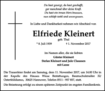 Traueranzeige von Elfriede Kleinert Ta von HAZ/NP