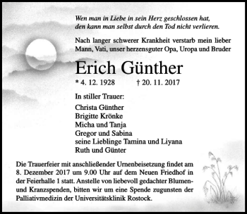 Traueranzeige von Erich Günther von Ostsee-Zeitung
