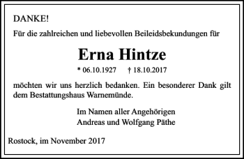 Traueranzeige von Erna Hintze von Ostsee-Zeitung