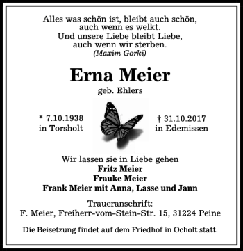 Traueranzeige von Erna Meier von Peiner Allgemeine Zeitung