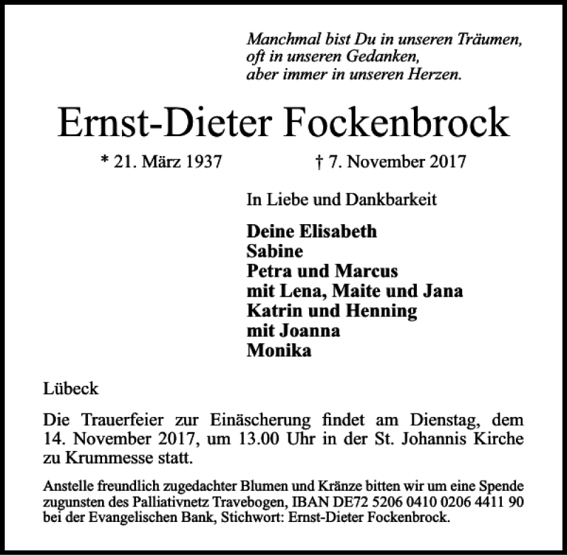  Traueranzeige für Ernst-Dieter Fockenbrock vom 12.11.2017 aus Lübecker Nachrichten