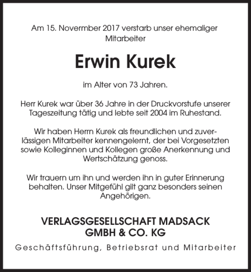 Traueranzeigen Von Erwin Kurek Trauer Anzeigende 3243