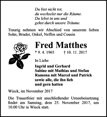 Traueranzeige von Fred Matthes von Ostsee-Zeitung