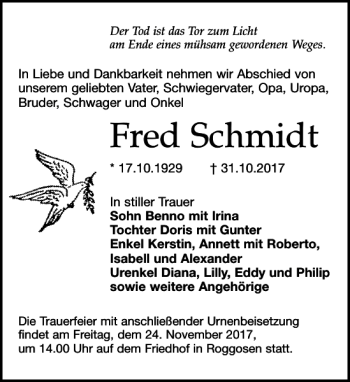 Traueranzeige von Fred Schmidt von Leipziger Volkszeitung