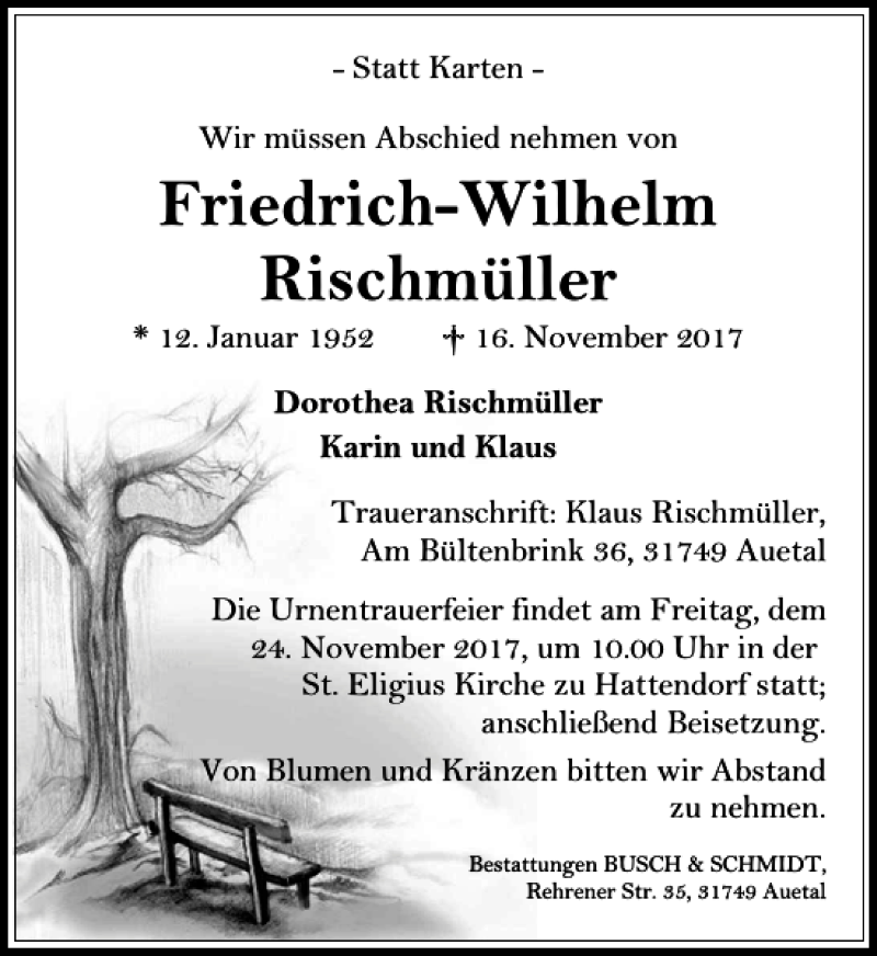  Traueranzeige für Friedrich-Wilhelm Rischmüller vom 18.11.2017 aus Schaumburger Nachrichten