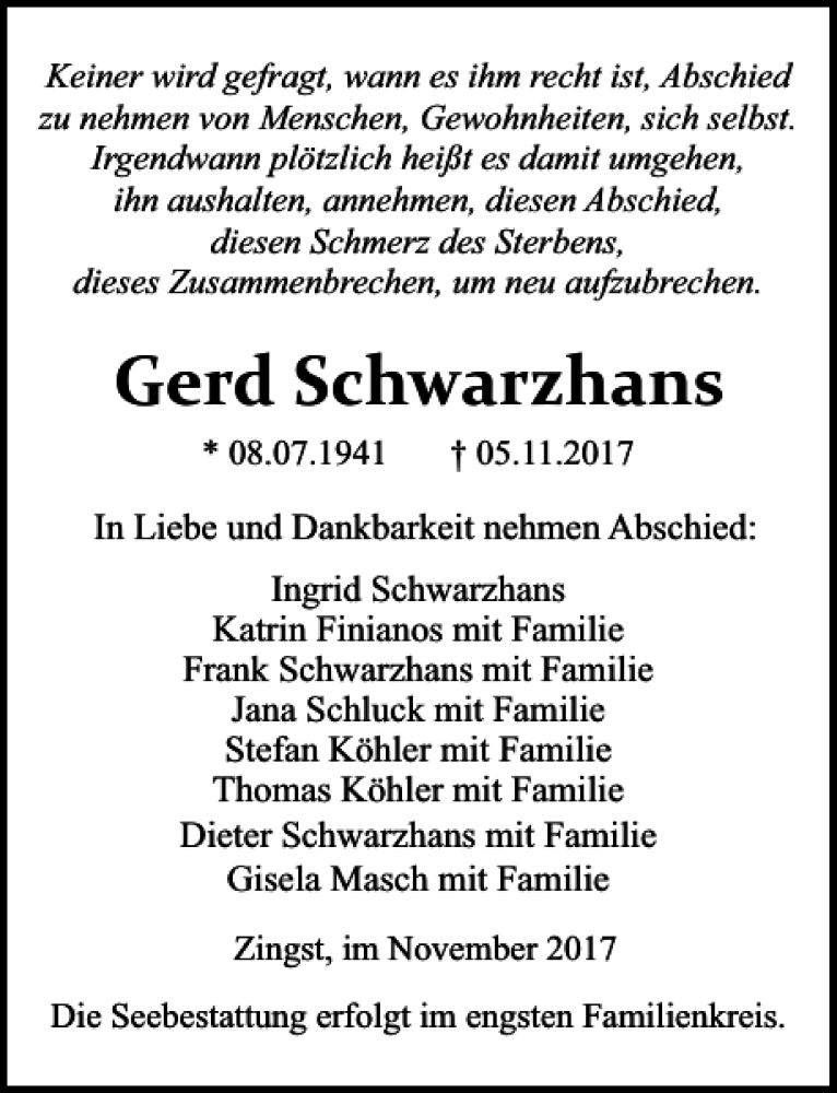  Traueranzeige für Gerd Schwarzhans vom 11.11.2017 aus Ostsee-Zeitung