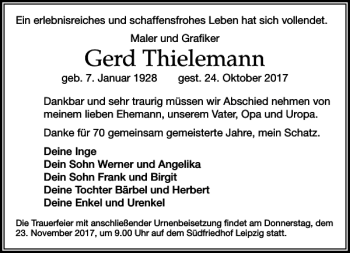 Traueranzeige von Gerd Thielemann von Leipziger Volkszeitung