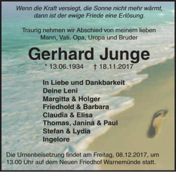 Traueranzeige von Gerhard Junge von Ostsee-Zeitung