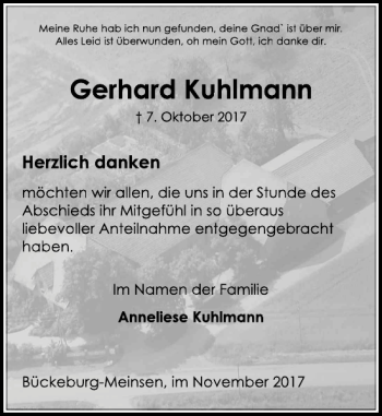 Traueranzeige von Gerhard Kuhlmann von Schaumburger Nachrichten