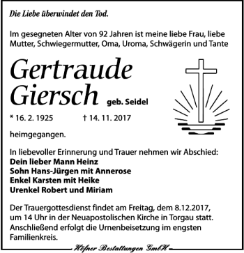 Traueranzeige von Gertraude Giersch von Torgauer Zeitung