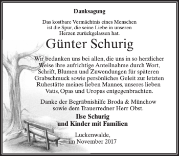 Traueranzeige von Günter Schurig von MAZ-Trauer.de