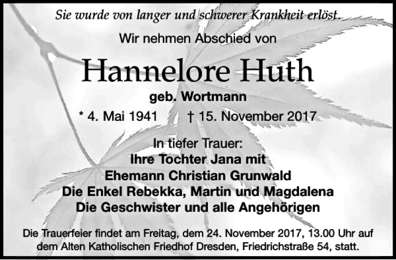  Traueranzeige für Hannelore Huth vom 18.11.2017 aus Dresdner Neueste Nachrichten