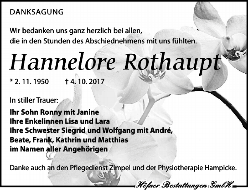  Traueranzeige für Hannelore Rothaupt vom 18.11.2017 aus Torgauer Zeitung