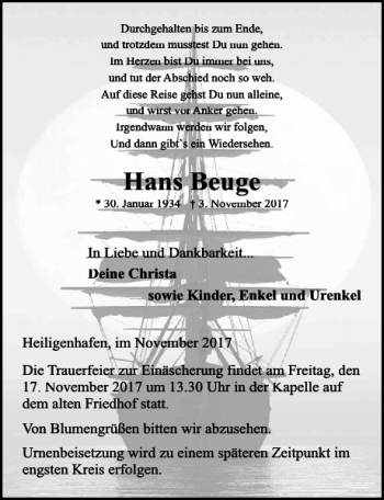 Traueranzeige von Hans Beuge von Ostsee-Zeitung