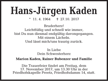 Traueranzeige von Hans-Jürgen Kaden von Kieler Nachrichten / Segeberger Zeitung