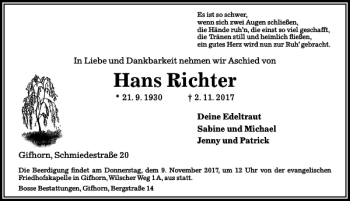 Traueranzeige von Hans Richter von Aller Zeitung / Wolfsburger Allgemeine