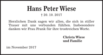 Traueranzeige von Hans Peter Wiese von Kieler Nachrichten / Segeberger Zeitung