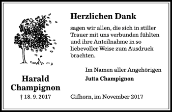 Traueranzeige von Harald Champignon von Aller Zeitung / Wolfsburger Allgemeine