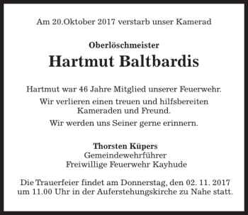 Traueranzeige von Hartmut Baltbardis von Kieler Nachrichten / Segeberger Zeitung