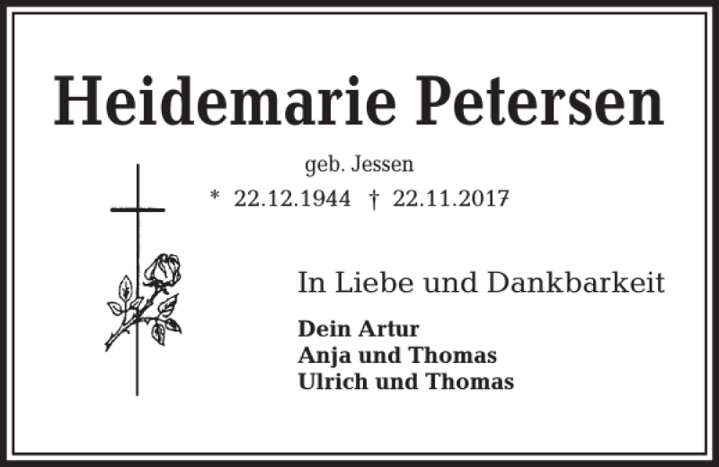  Traueranzeige für Heidemarie Petersen vom 25.11.2017 aus Kieler Nachrichten / Segeberger Zeitung