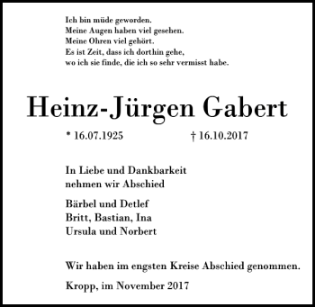 Traueranzeige von Heinz-Jürgen Gabert von Kieler Nachrichten / Segeberger Zeitung