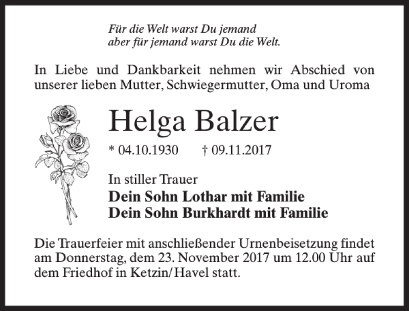  Traueranzeige für Helga Balzer vom 15.11.2017 aus MAZ-Trauer.de