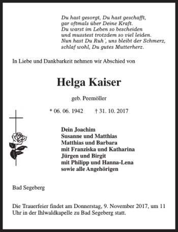 Traueranzeige von Helga Kaiser von Kieler Nachrichten / Segeberger Zeitung