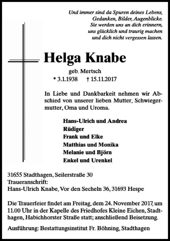  Traueranzeige für Helga Knabe vom 18.11.2017 aus Schaumburger Nachrichten