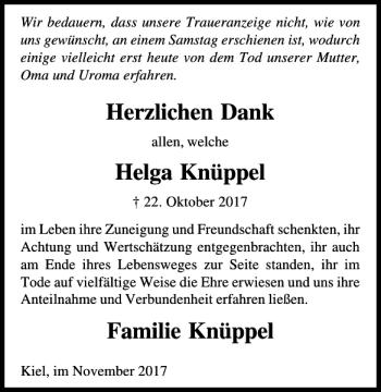 Traueranzeige von Helga Knüppel von Kieler Nachrichten / Segeberger Zeitung