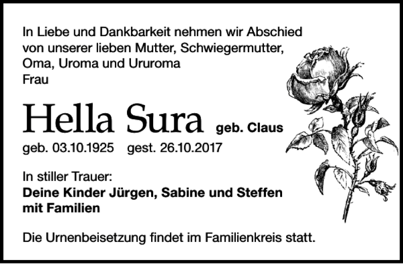  Traueranzeige für Hella Sura vom 14.11.2017 aus Leipziger Volkszeitung