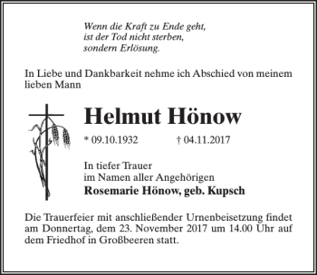 Traueranzeige von Helmut Hönow von MAZ-Trauer.de