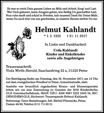 Traueranzeige von Helmut Kahlandt von Peiner Allgemeine Zeitung