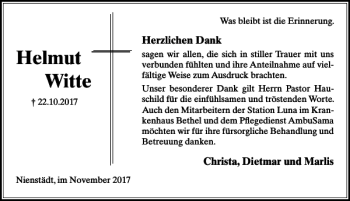 Traueranzeige von Helmut Witte von Schaumburger Nachrichten