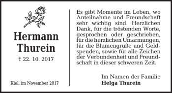 Traueranzeige von Hermann Thurein von Kieler Nachrichten / Segeberger Zeitung