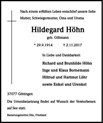 Traueranzeige von Hildegard Höhn von Göttinger Tageblatt