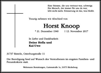 Traueranzeige von Horst Knoop von Schaumburger Nachrichten