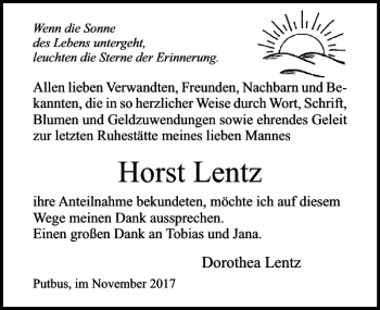 Traueranzeige von Horst Lentz von Ostsee-Zeitung