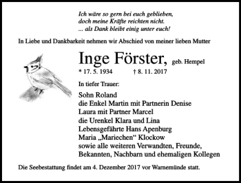 Traueranzeige von Inge Förster von Ostsee-Zeitung