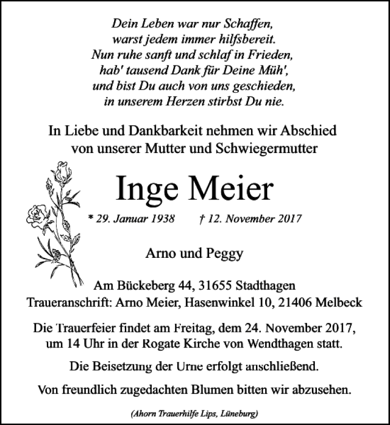  Traueranzeige für Inge Meier vom 18.11.2017 aus Schaumburger Nachrichten