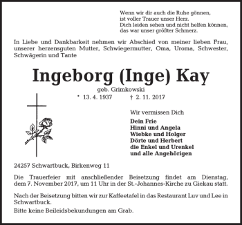 Traueranzeige von Ingeborg (Inge) Kay von Kieler Nachrichten / Segeberger Zeitung