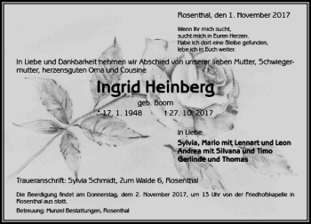 Traueranzeige von Ingrid Heinberg von Peiner Allgemeine Zeitung