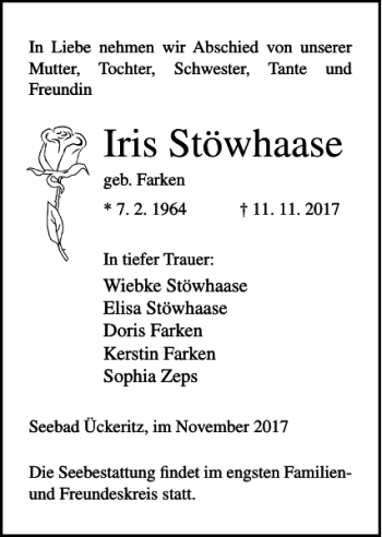 Traueranzeige von Iris Stöwhaase von Ostsee-Zeitung