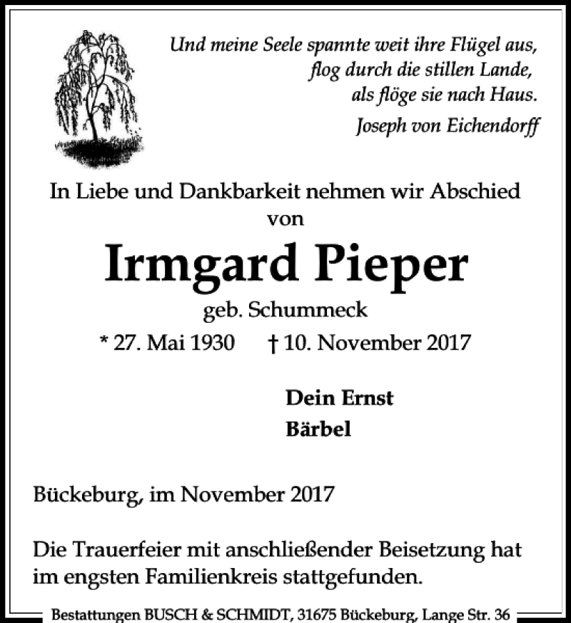  Traueranzeige für Irmgard Pieper vom 18.11.2017 aus Schaumburger Nachrichten