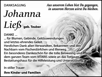 Traueranzeige von Johanna Ließ von Torgauer Zeitung