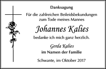 Traueranzeige von Johannes Kalies von MAZ-Trauer.de