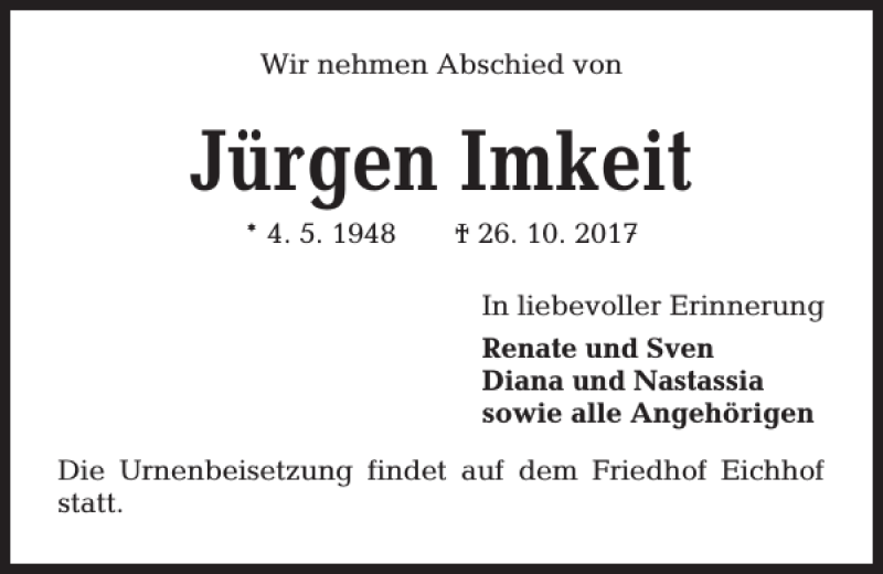  Traueranzeige für Jürgen Imkeit vom 04.11.2017 aus Kieler Nachrichten / Segeberger Zeitung