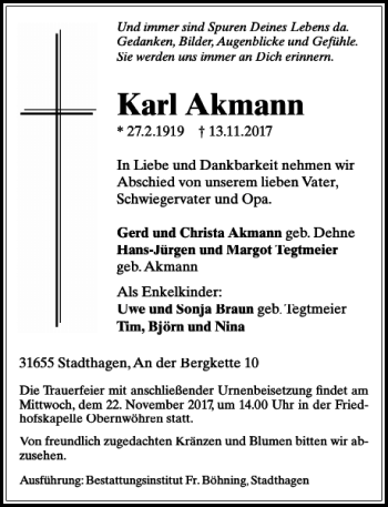 Traueranzeige von Karl Akmann von Schaumburger Nachrichten
